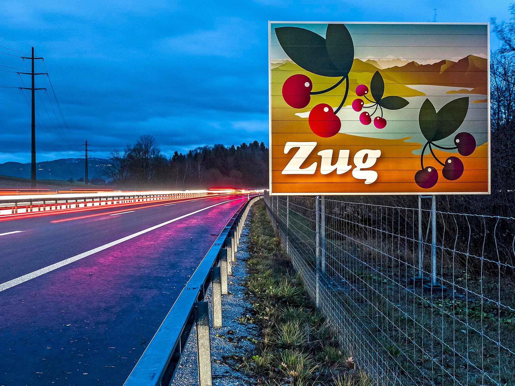 Chriesi-Touristiktafel entlang der Zuger Autobahn